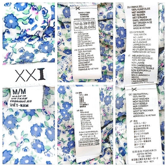 XXI White Blue Floral Ruffle Mini Dress Smocked Waist Button Front Size M - Picture 6 of 6